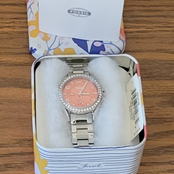 ❣️HP❣️ FOSSIL Riley mult-function coral dial stainless steel ladies watch. NWOT - Picture 5 of 9